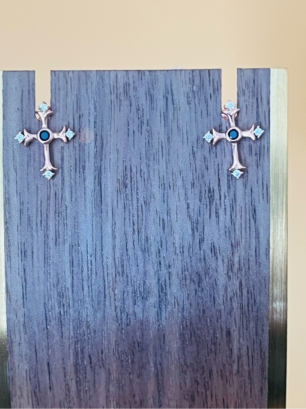 Rose gold plated Cross design earrings tiny clear CZ & black enamel